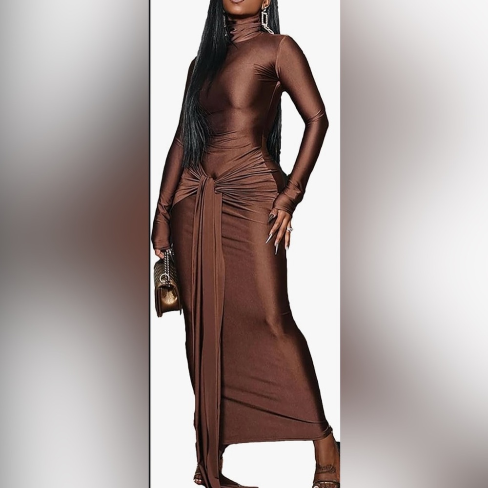 Elegant Brown Maxi Dress with Tie Detail - Women